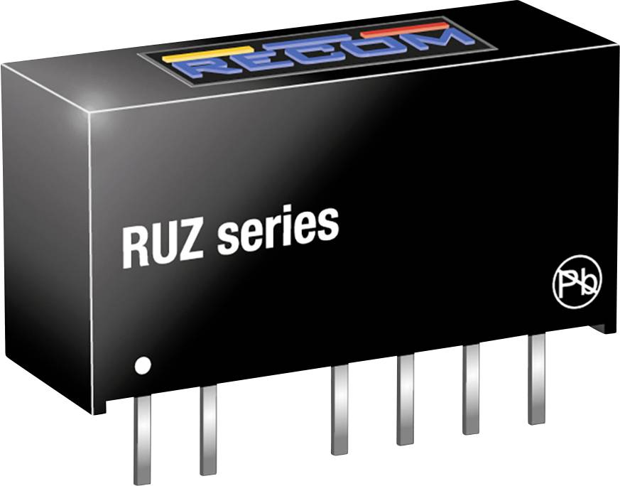Black electronic component from the 'RUZ series' by RECOM with multiple plug contacts; rectangular shape.