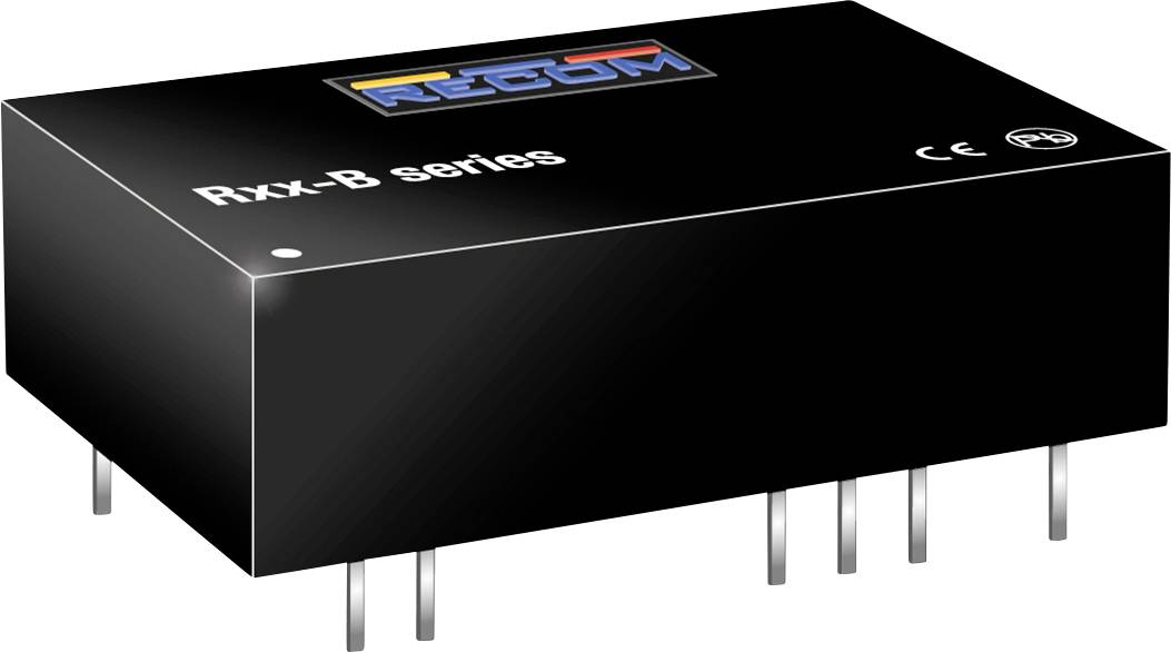 'Black electronic component from the Rxx-B series by Recom, square-shaped with eight pins and logos on top.'
