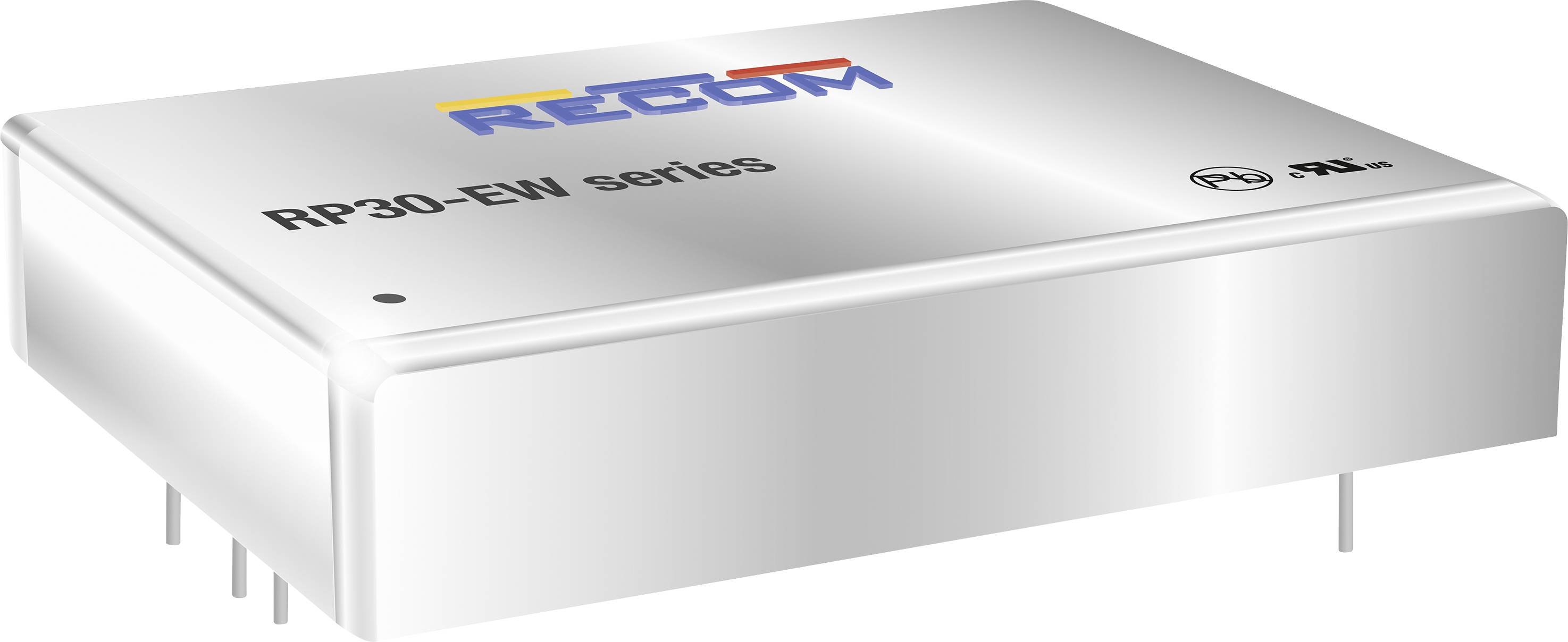 A silver-coloured electronic component from the 'RP30-EW series' by Recom, showing the model name and test markings on the top surface.
