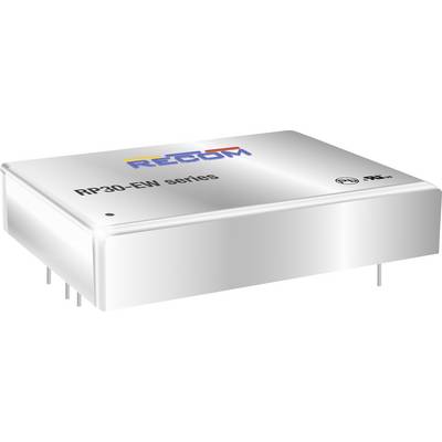 A silver-coloured electronic component from the 'RP30-EW series' by Recom, showing the model name and test markings on the top surface.