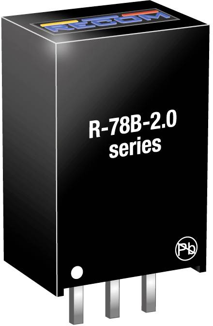 'A black voltage regulator from the R-78B-2.0 series with three metal pins. Suitable for electronic circuits.'