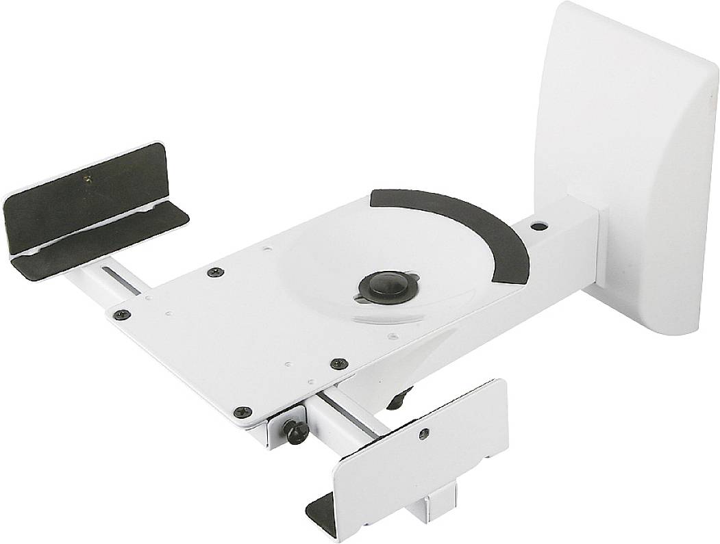 A white, adjustable speaker mount, wall-mounted, with black non-slip pads.