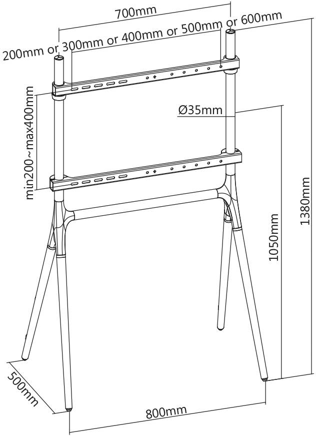 Sketch of a TV stand with dimensions: Height 1380mm, Width 700mm, Depth 800mm, and 35mm rod diameter. Minimum height 200mm, maximum height 400mm.