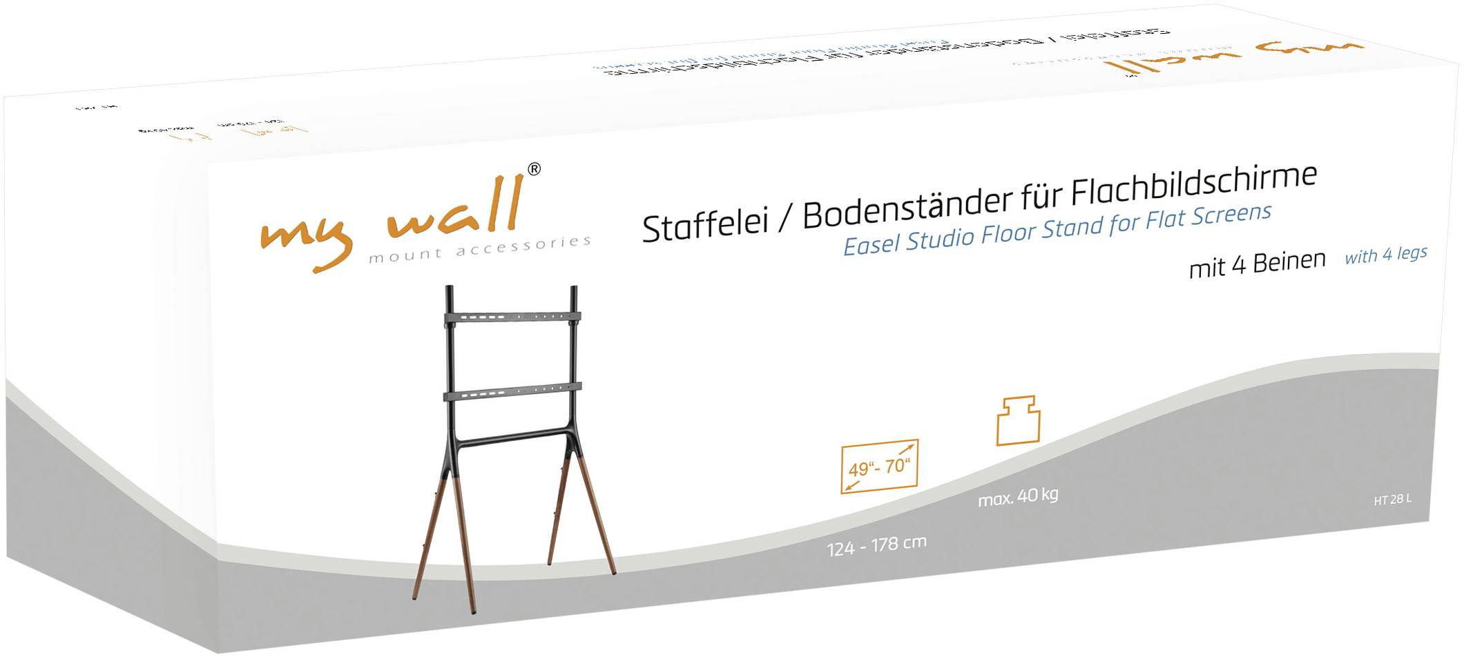 Packaging for a floor stand for flat screen displays by 'my wall', suitable for sizes 49''-70'', height adjustable.