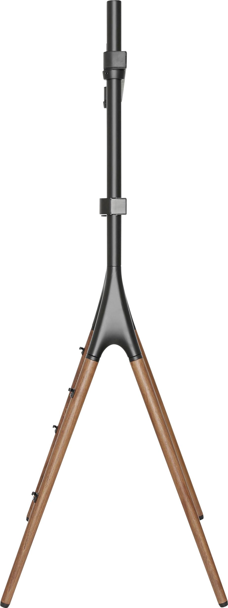 A tripod with a black metal rod in the centre and wooden legs extending downwards in a V-shape.