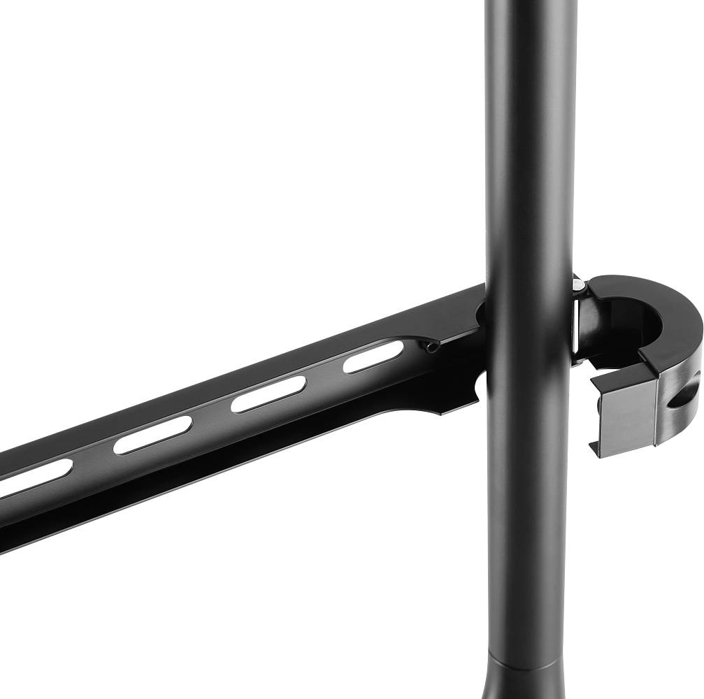 A black metallic stand with mountings, suitable for stabilising items such as screens.