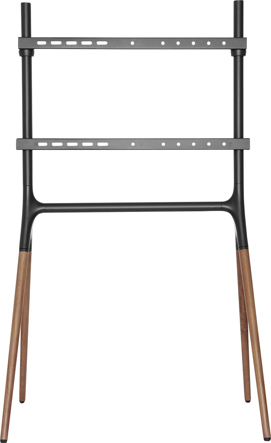 A modern TV stand with a sleek black frame and slender wooden legs, suitable for various television sizes.