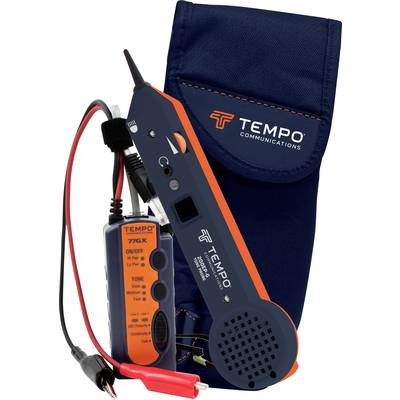 Tone and cable testing device from Tempo Communications with blue and orange details, positioned in front of a navy blue carry bag.