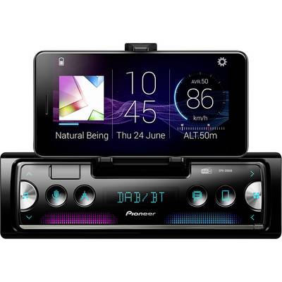 A car radio with smartphone integration, displaying date and time '10:45 Thu 24 June', music track 'Natural Being', speed '86 km/h', altitude '50 m'.