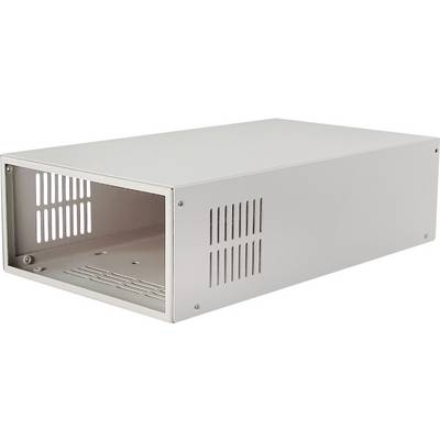 Rectangular, silver metal casing with ventilation slots on the open front and side. Empty, with no visible devices.