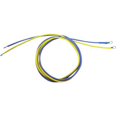 Two cables, one blue, one yellow, with eyelets at the ends, are lying in a spiral formation on a white surface.