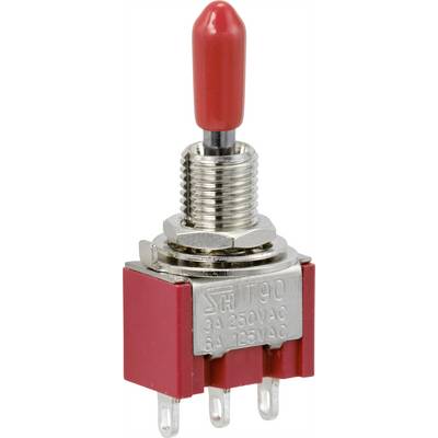A red toggle switch with metal threading and electrical connections. Labelled with current ratings '3A 250VAC, 6A 125VAC'.