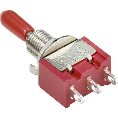 A red toggle switch with three metal terminals, suitable for 5A 250VAC or 3A 125VAC, on a white background.