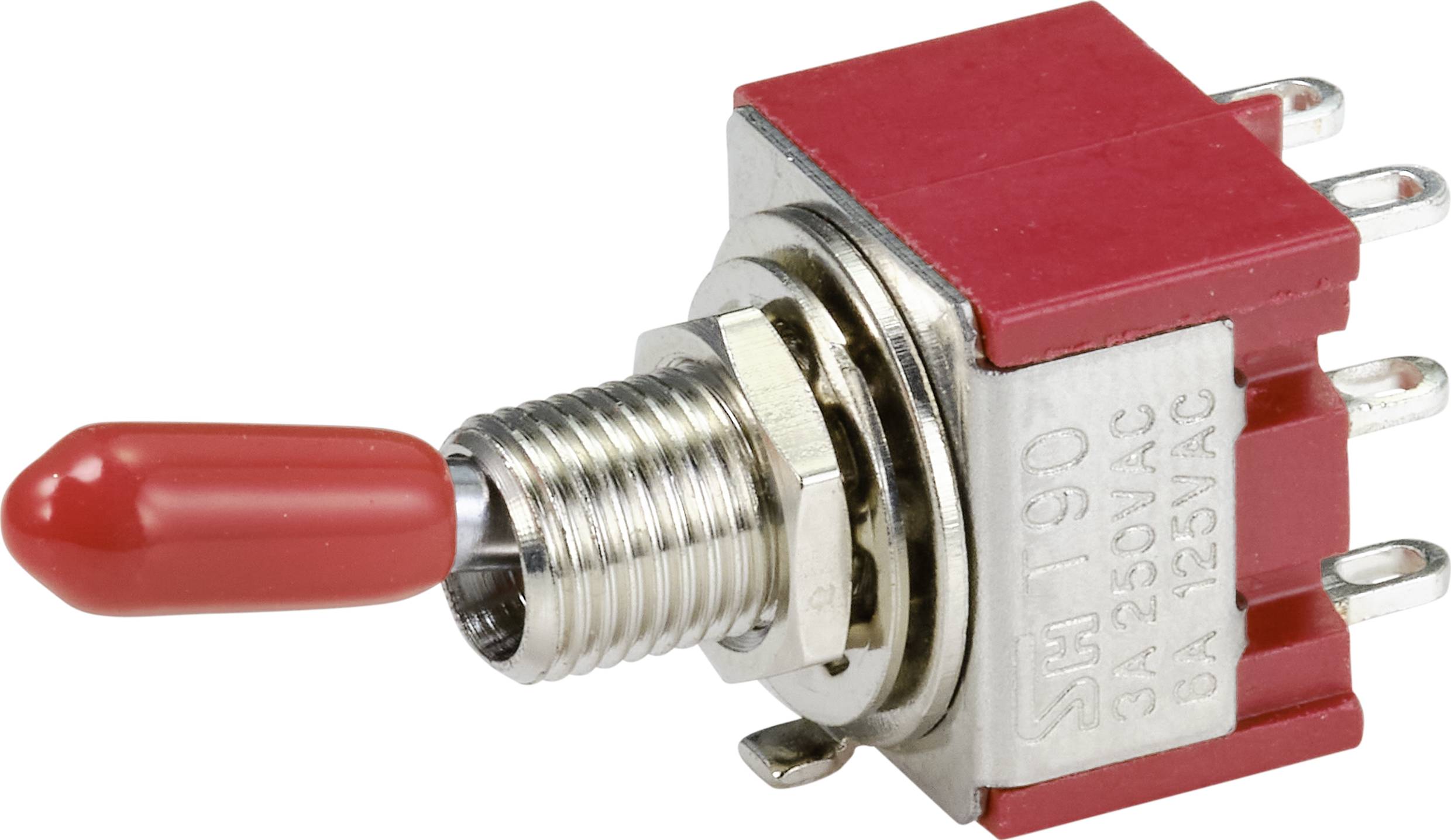 A red toggle switch with a metal casing and four terminals.
