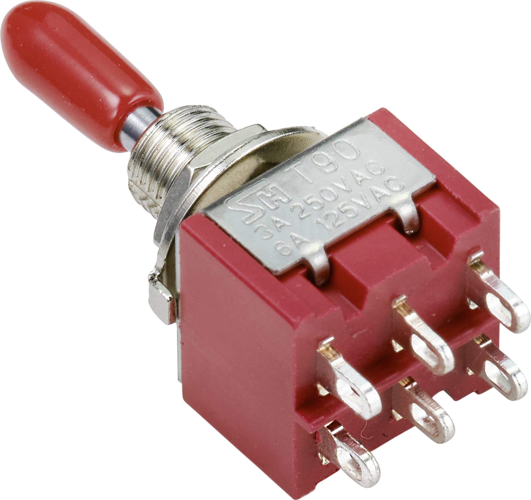 A red toggle switch with six terminals, labelled '3 A 250 VAC, 6 A 125 VAC'.