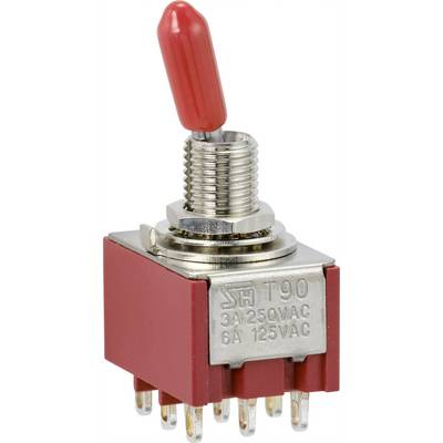 Red toggle switch with metal thread and electrical contacts, marked with '3A 250VAC, 6A 125VAC'.