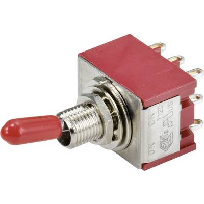 A red toggle switch with a metal base and multiple electrical connections.