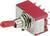 A red toggle switch with six metal terminals, suitable for electrical applications with a voltage limit of 250VAC.