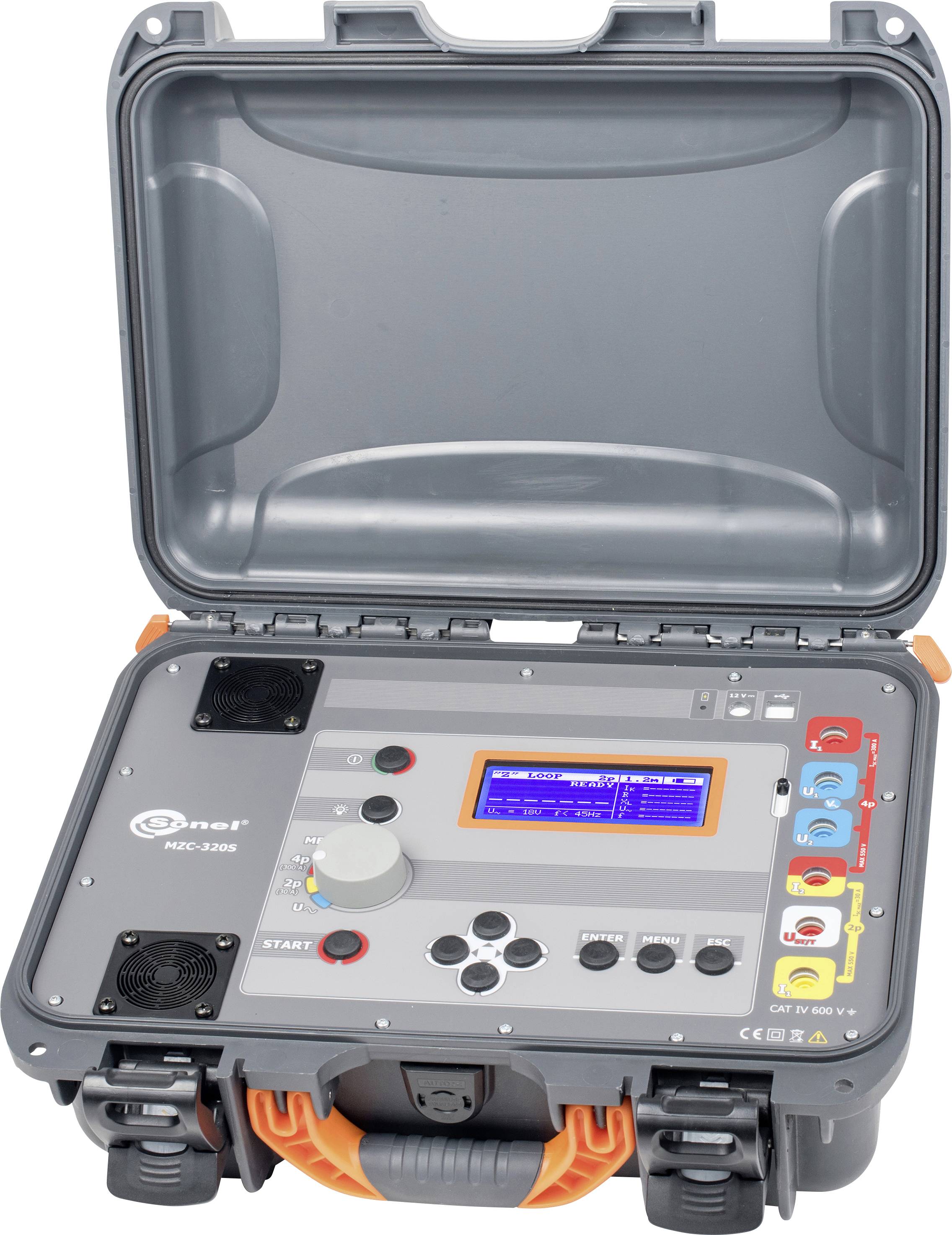 An open grey suitcase with an electronic device displaying a screen and various rotary knobs and ports.