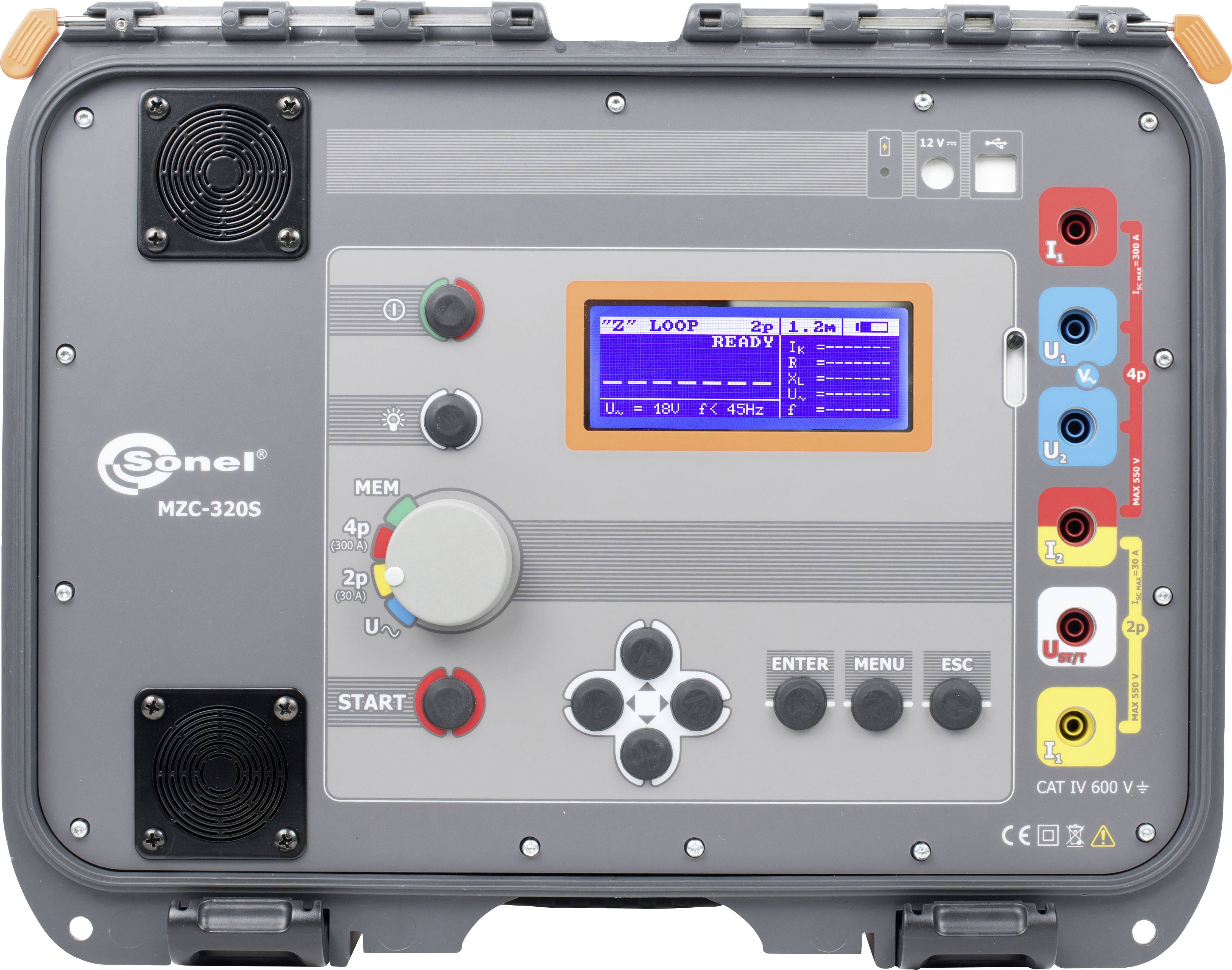 Measuring device for testing earth resistance and loop impedance, with display, control buttons, and colour-coded connections.