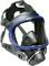 Black respiratory protection mask with blue frame and clear visor. Equipped with two round air filters and adjustable straps.