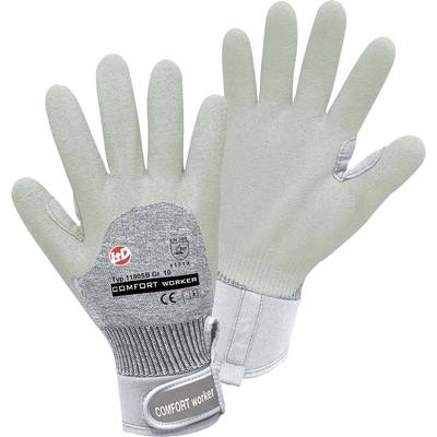 Grey work gloves with a grippy surface and elastic cuffs, brand 'Comfort Worker', CE-certified.