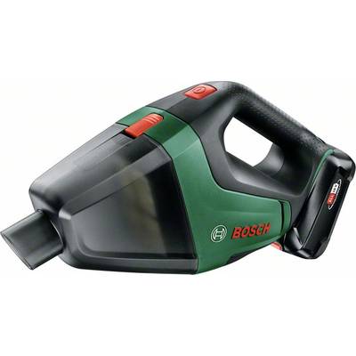 Cordless handheld vacuum cleaner in green and black design with a red button, side view. 'Bosch' brand name visible.