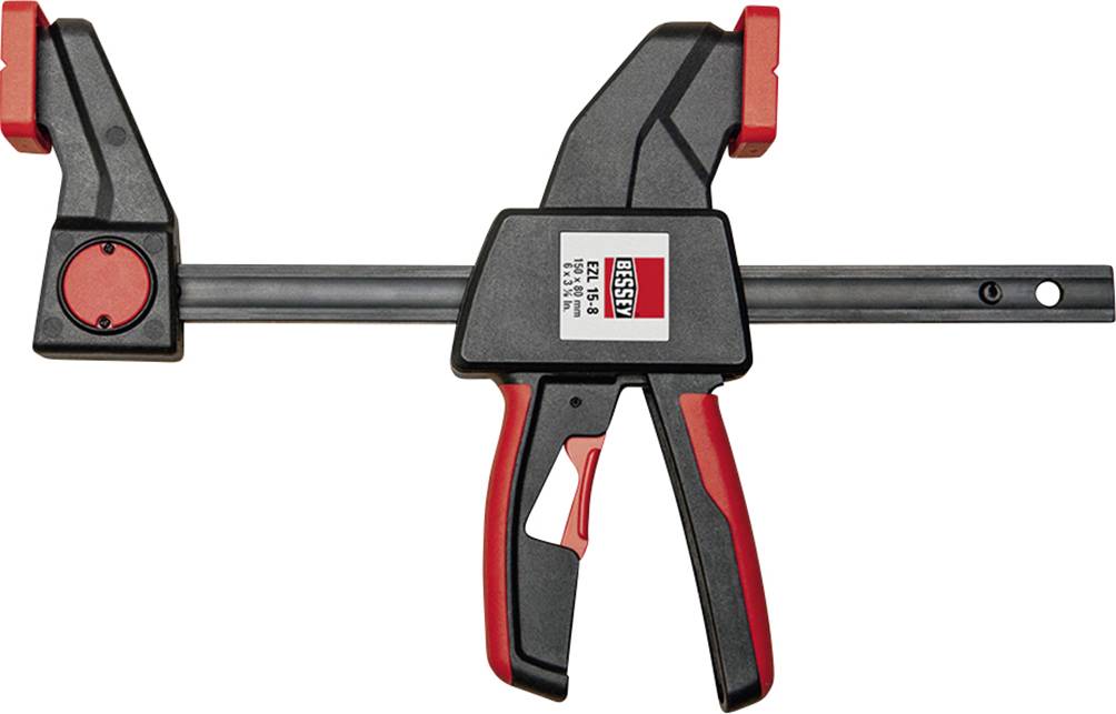 A black and red G-clamp with handles and an adjustable rail for securing materials. Brand name on the clamp.