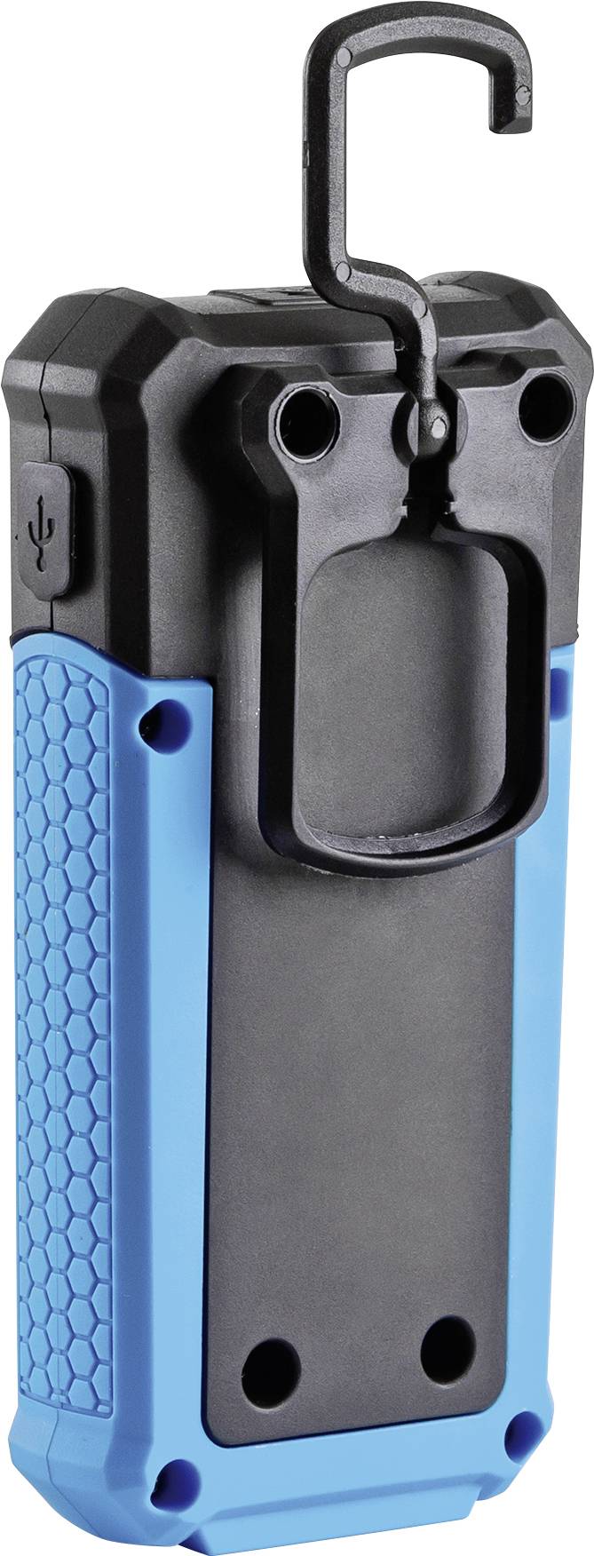 A portable device with a blue casing and a black hook at the top, suitable for hanging. A USB port is located on the side.