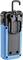 A portable device with a blue casing and a black hook at the top, suitable for hanging. A USB port is located on the side.