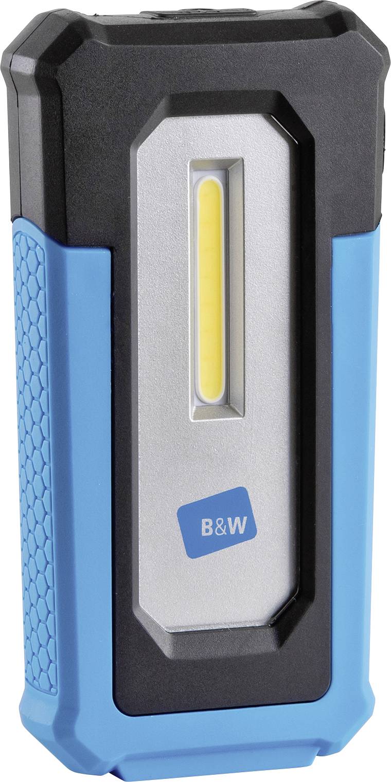 Portable LED work light with a blue-black casing. Features brand logo on the front and a central light bar.