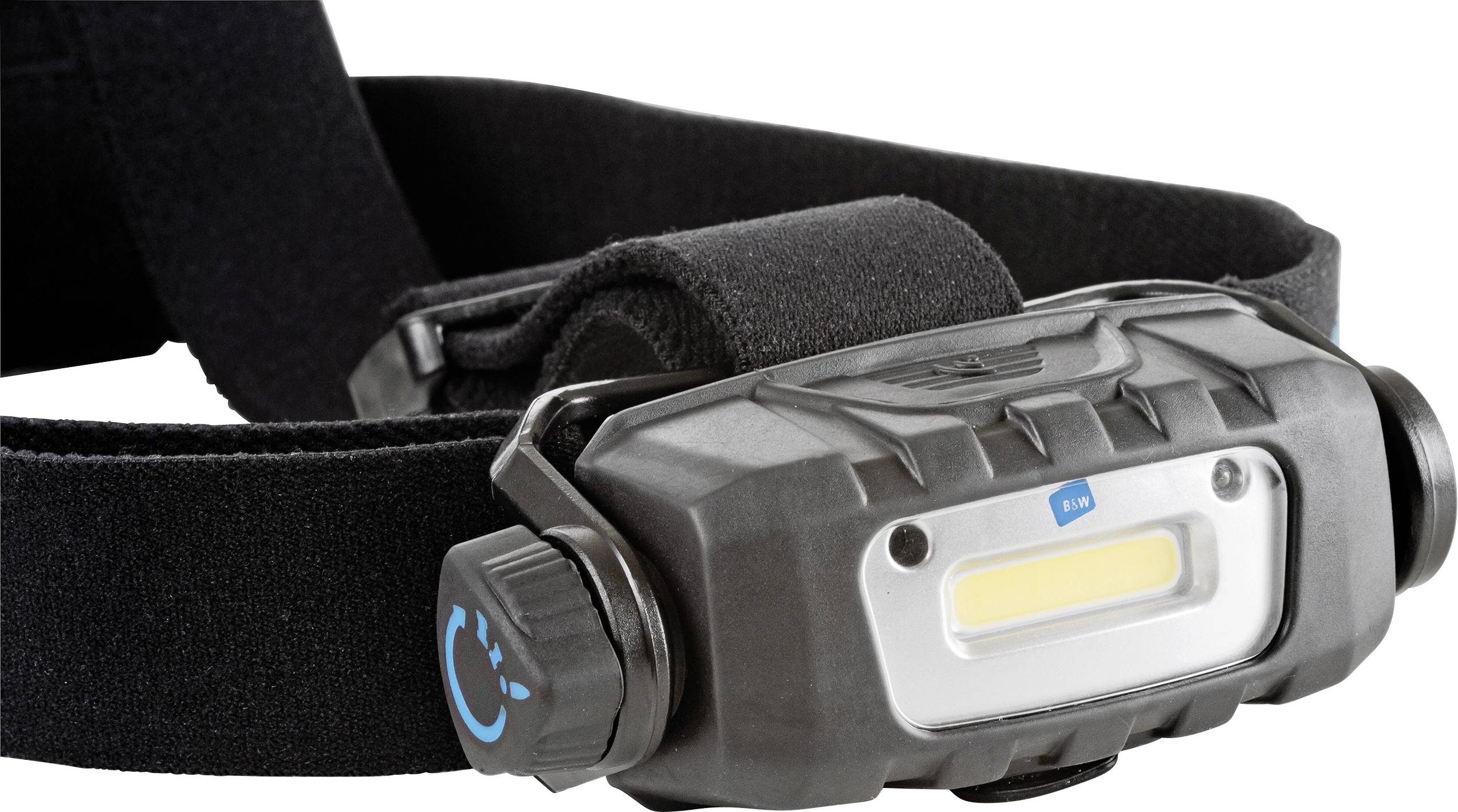 Head torch with adjustable, elastic strap and high-powered LED element, useful for outdoor activities or working in the dark.