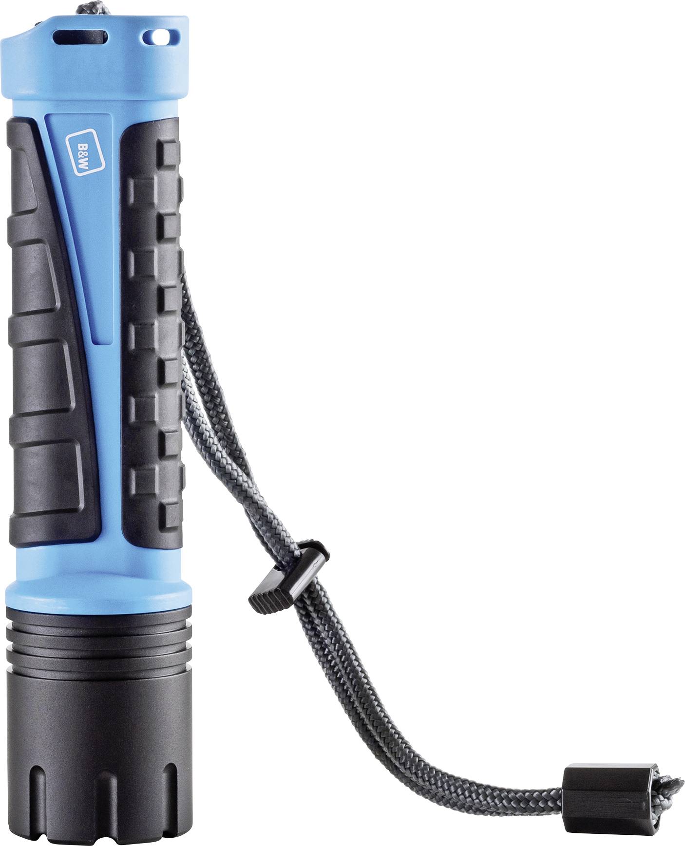 A blue and black torch with a textured grip and a side lanyard, suitable for outdoor use.