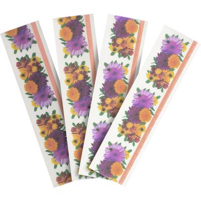 Four colourful bookmarks with a floral pattern, including purple, yellow, and orange flowers on a white background with orange stripes.