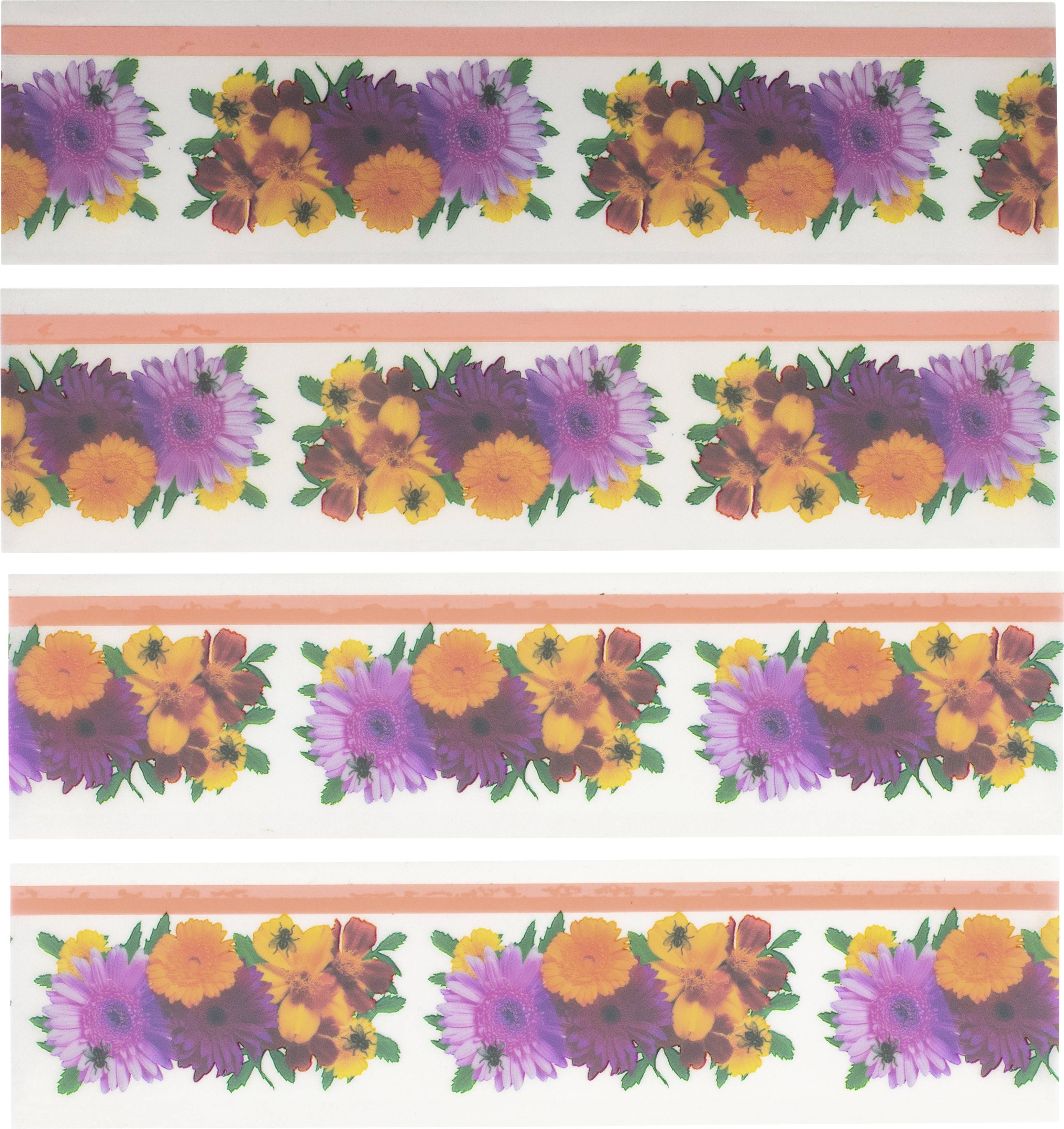 Several rows of flower bouquets with purple, yellow, and orange blooms, decoratively arranged on a white background.