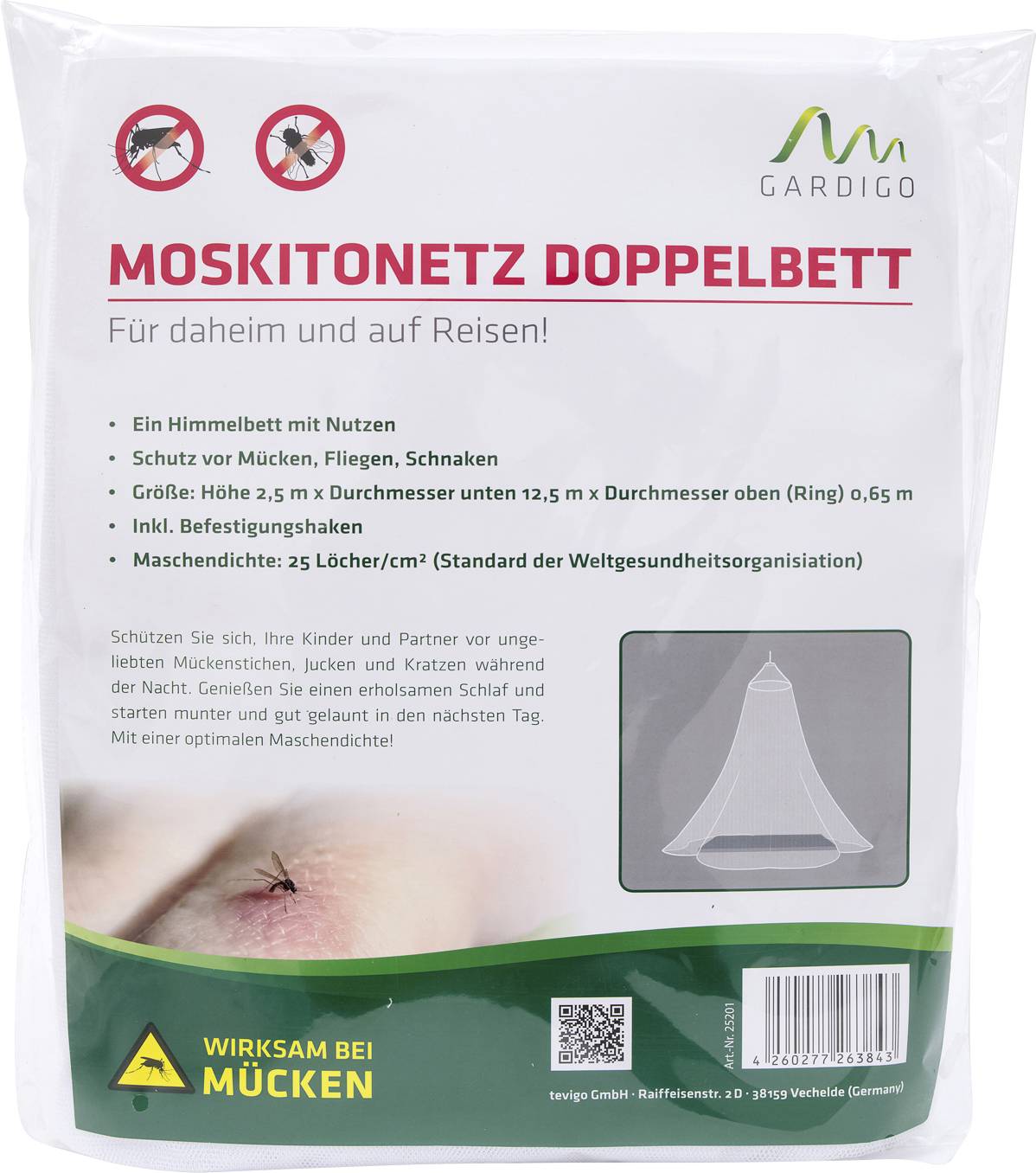 'Mosquito Net Double Bed' with description of benefits, images of the net and its application, along with manufacturer's logo 'Gardigo'. Protection against insects.