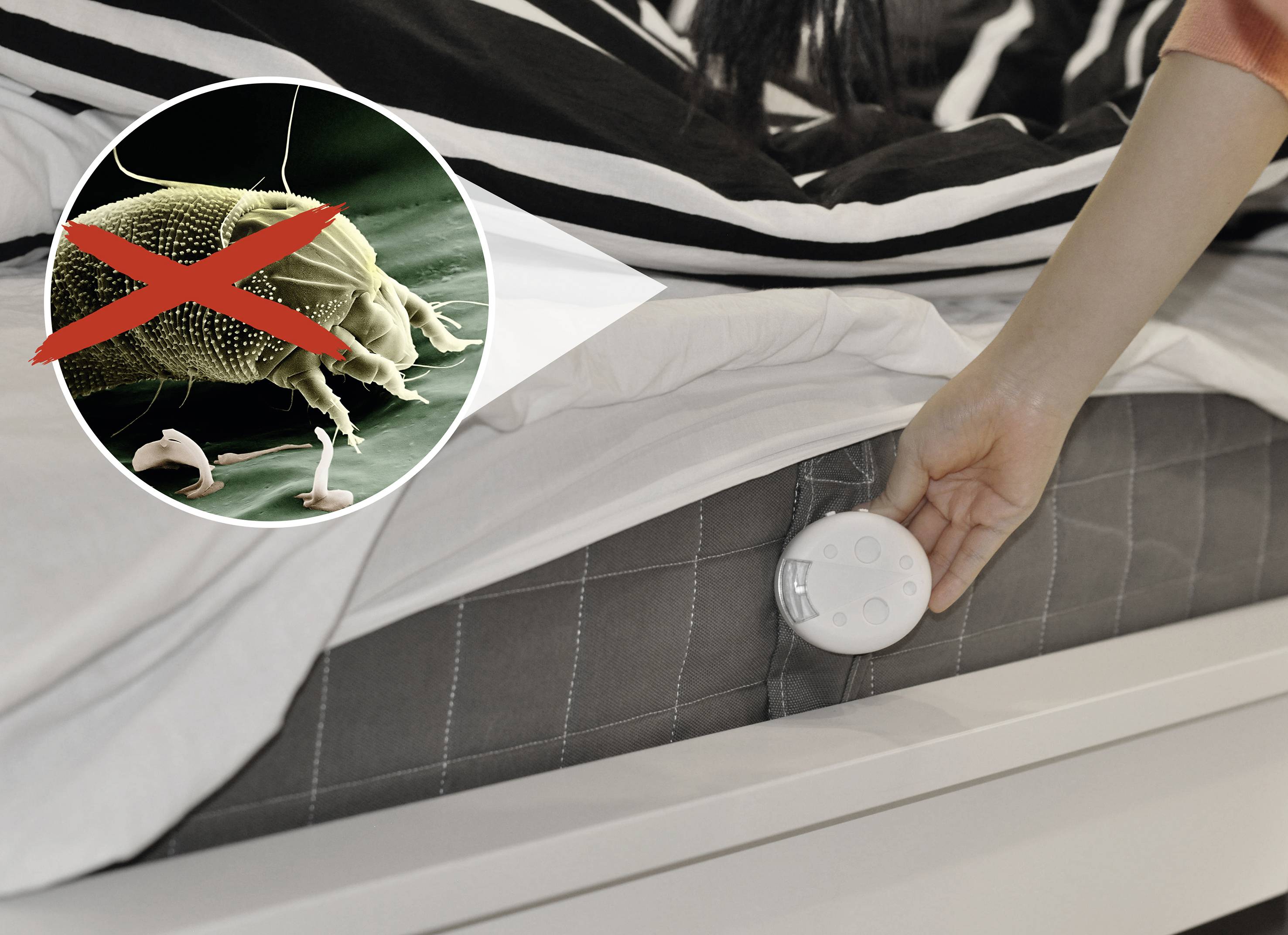 A hand places a device under a mattress. Top left of the image, an insect with a red X above it symbolises house dust mites.