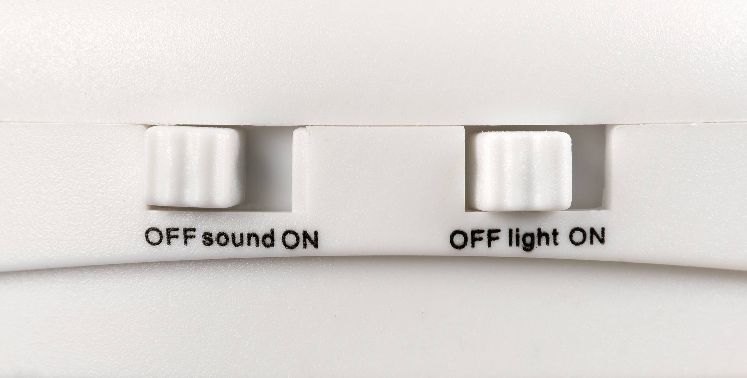 Two sliding switches on a white background. Left: 'OFF sound ON'. Right: 'OFF light ON'. Switches are positioned in the middle.