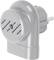 A grey electronic device plug with ventilation slots and a red indicator light on the front.