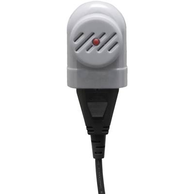 A grey sensor with a round housing displays a red LED indicator. A black cable is connected to its underside.
