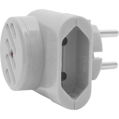 A white, right-angled socket adaptor with an earthed plug and two holes for receiving plugs.