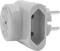 A white, right-angled socket adaptor with an earthed plug and two holes for receiving plugs.