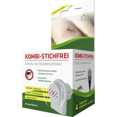 'Kombi-Stichfrei' Mosquito Protection Device Packaging; protects against mosquito bites using ultrasound, suitable for indoor spaces such as kitchen and bedroom.