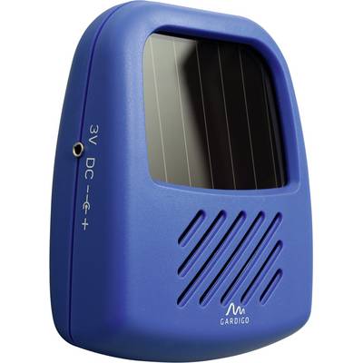 A blue electronic device with a solar panel, slotted speakers, and a 3V DC socket.