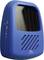 A blue electronic device with a solar panel, slotted speakers, and a 3V DC socket.