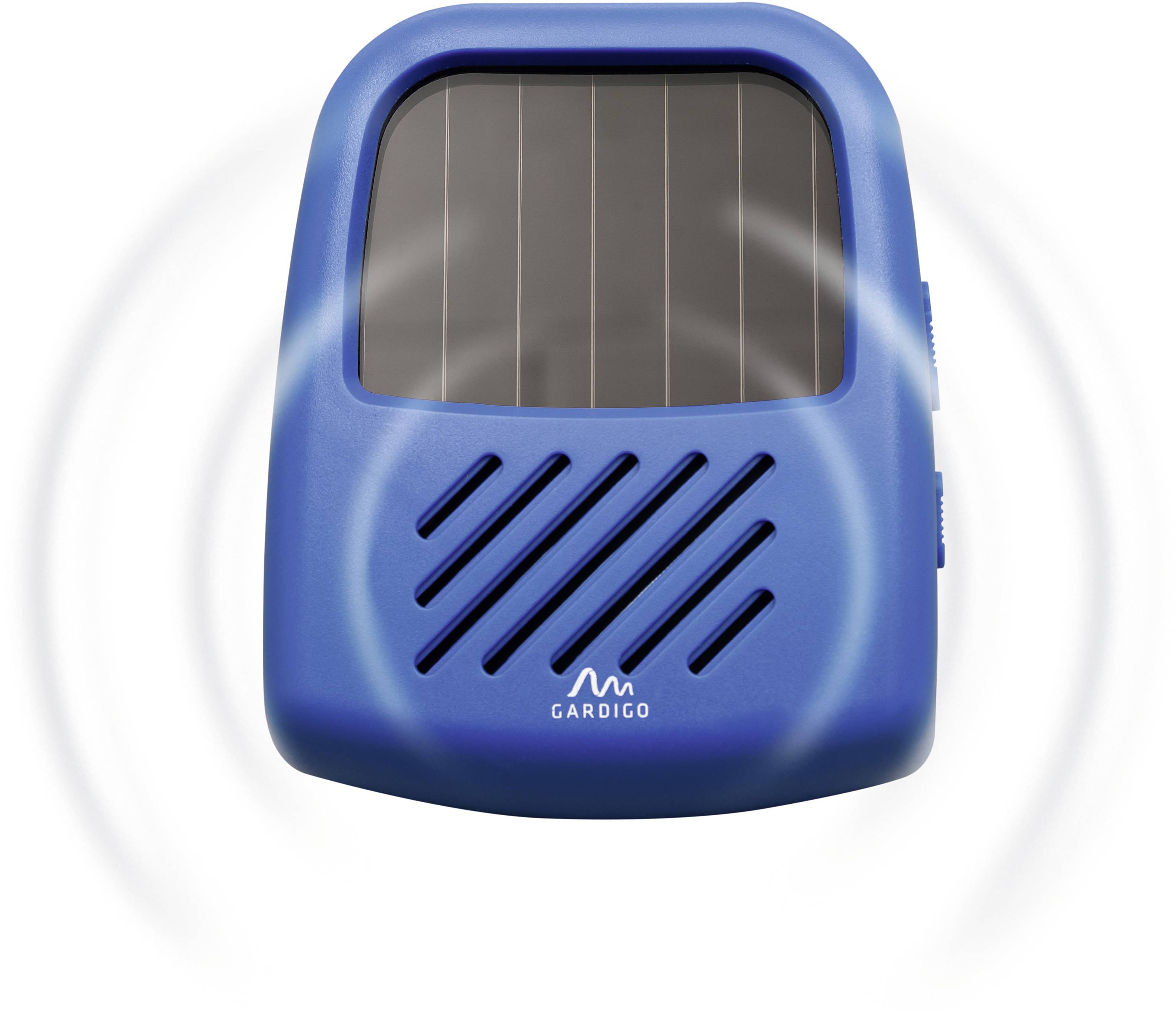 A blue, solar-powered marten deterrent with vertical and diagonal ventilation slots. Device for pest control outdoors.