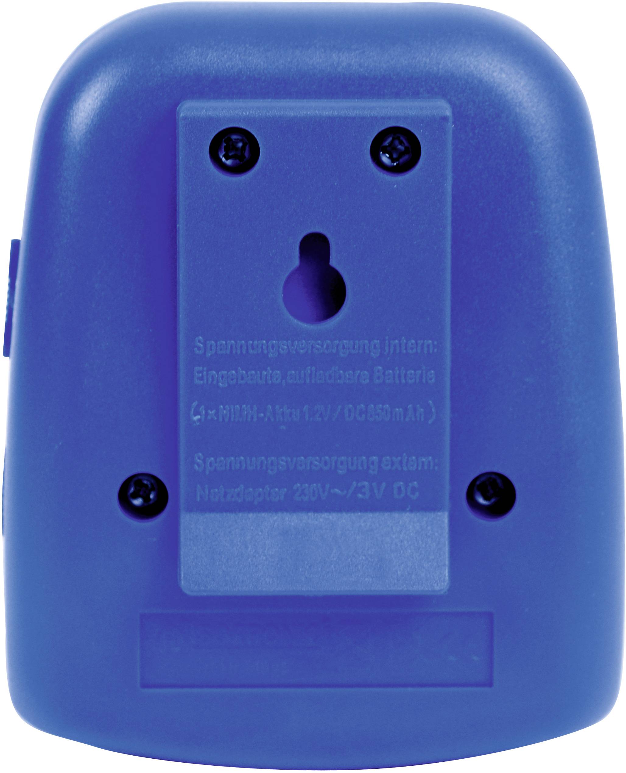 Rear view of a blue charger with wall-mounting capability. Four screws and voltage information are visible.