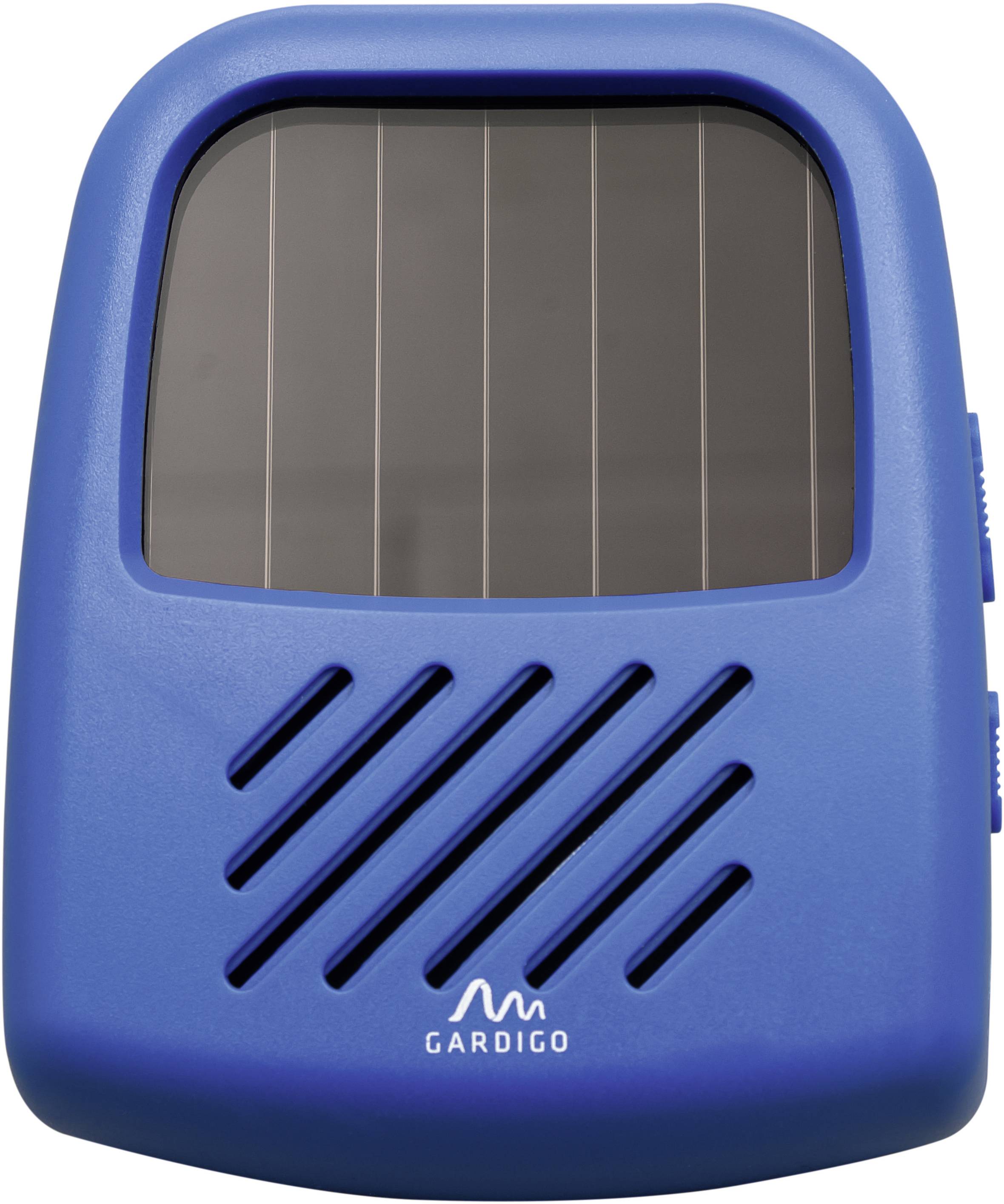A blue electronic device with solar cells and ventilation slots, used for pest deterrence.