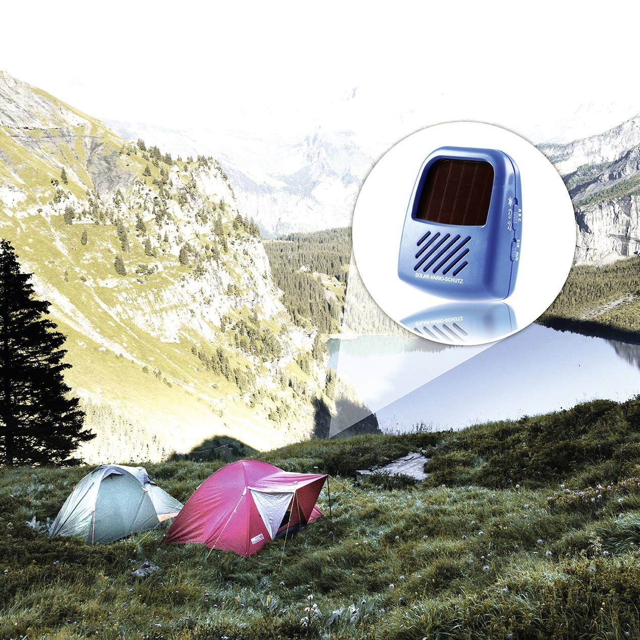 Two tents stand on a green meadow in front of a mountain backdrop with a lake. Beside it, an enlarged image of a blue solar charger.