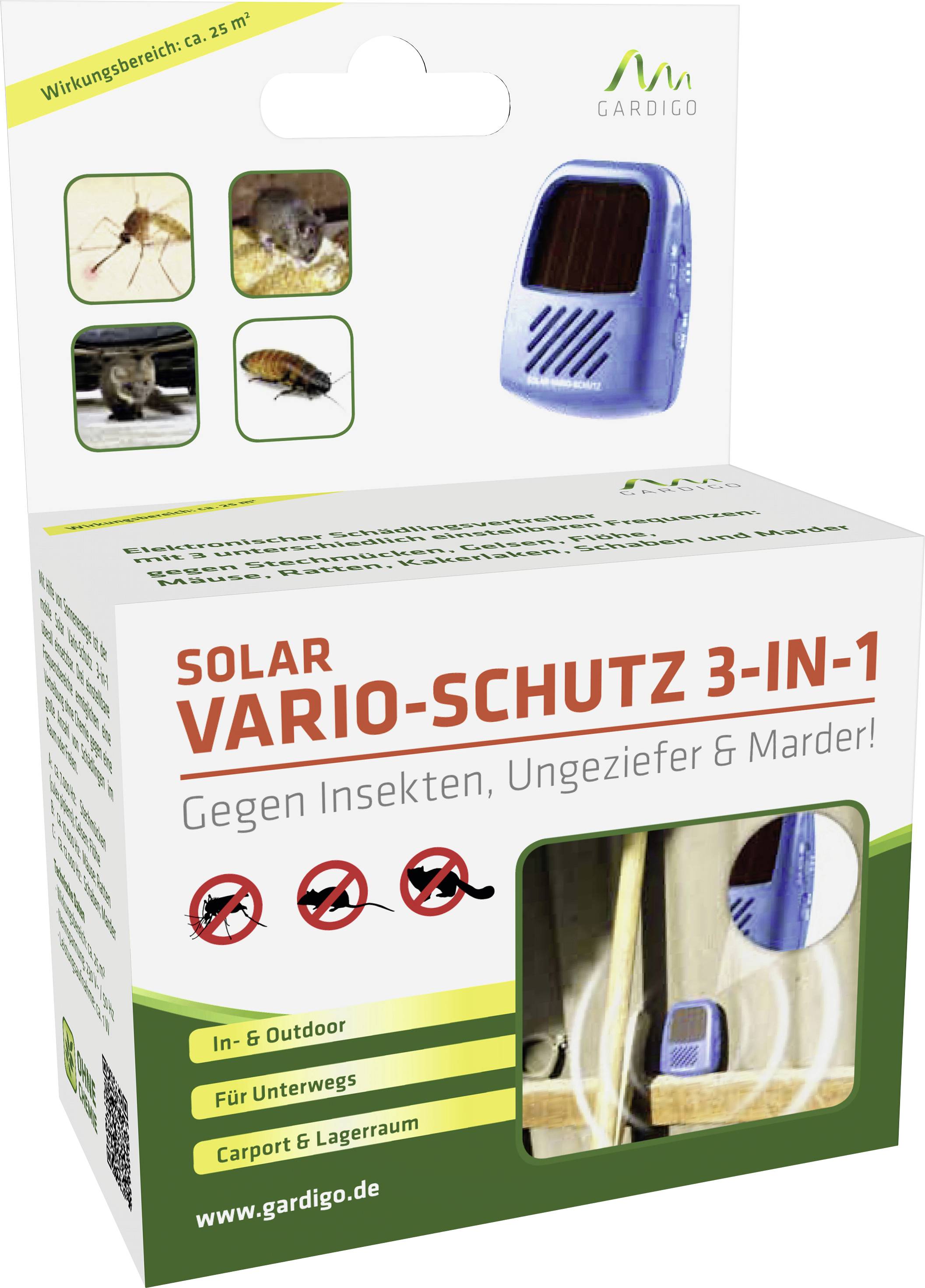 Packaging for a 'Solar Vario-Protection 3-in-1' Device for Repelling Insects and Pests, for Indoor and Outdoor Areas.
